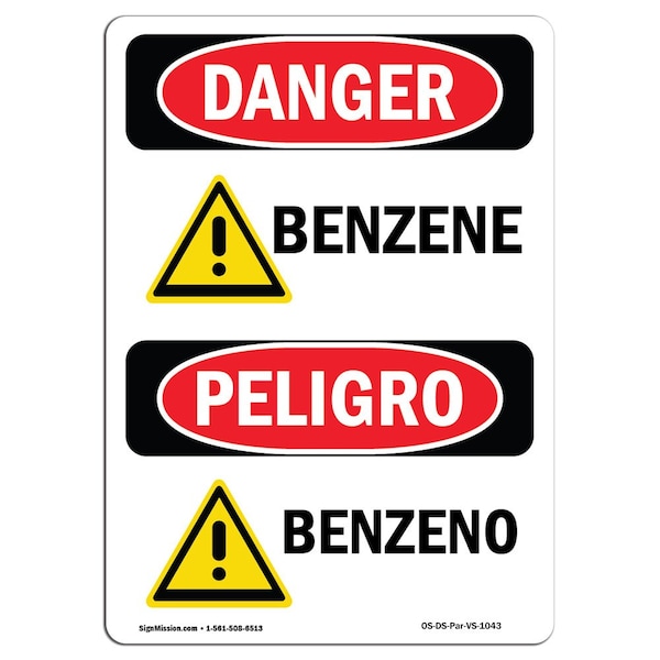 Safety Sign, OSHA Danger, 5" Height, Benzene, Bilingual Spanish, 10PK